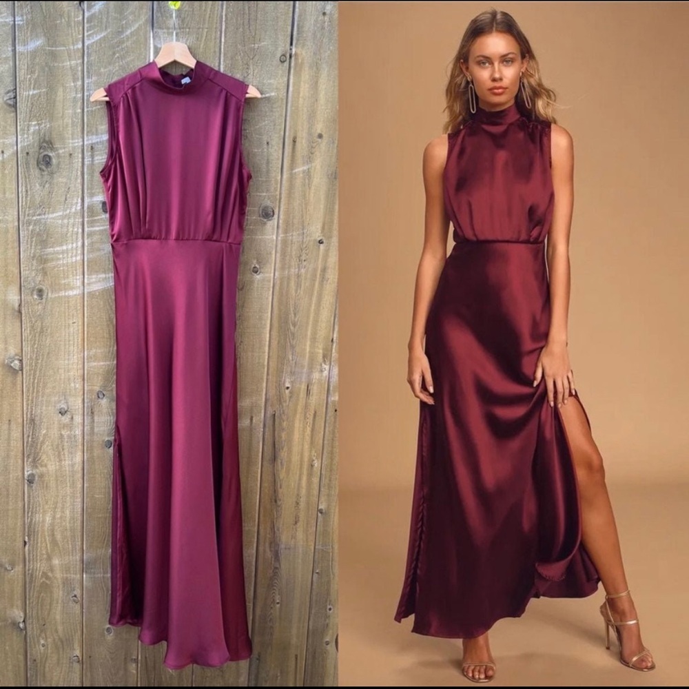 🌿 Classy Wine Burgundy Satin Mock Neck Maxi Dress 🌿